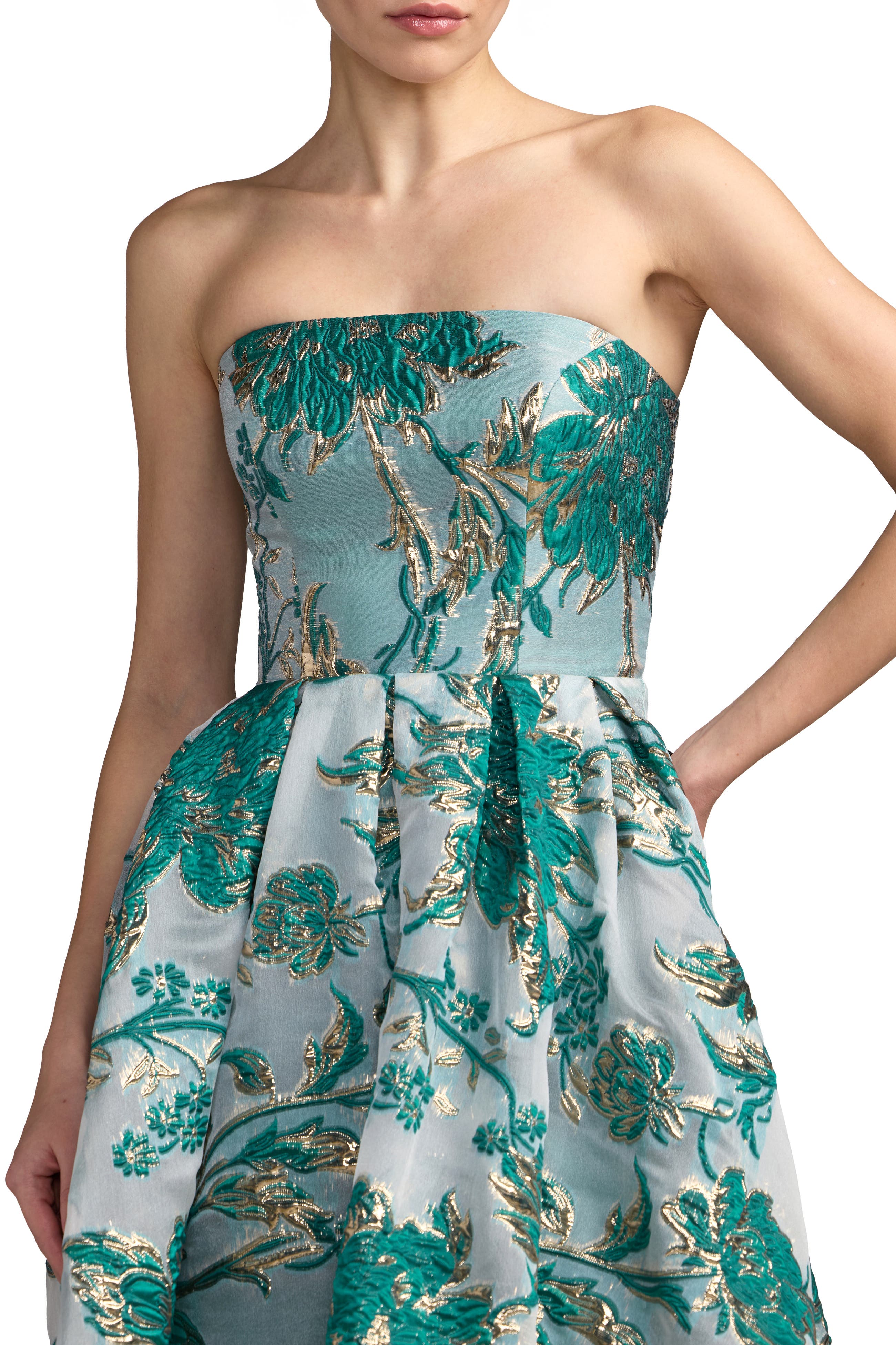 strapless brocade midi dress with pockets Mac Duggal Strapless Brocade Midi Dress With Pockets