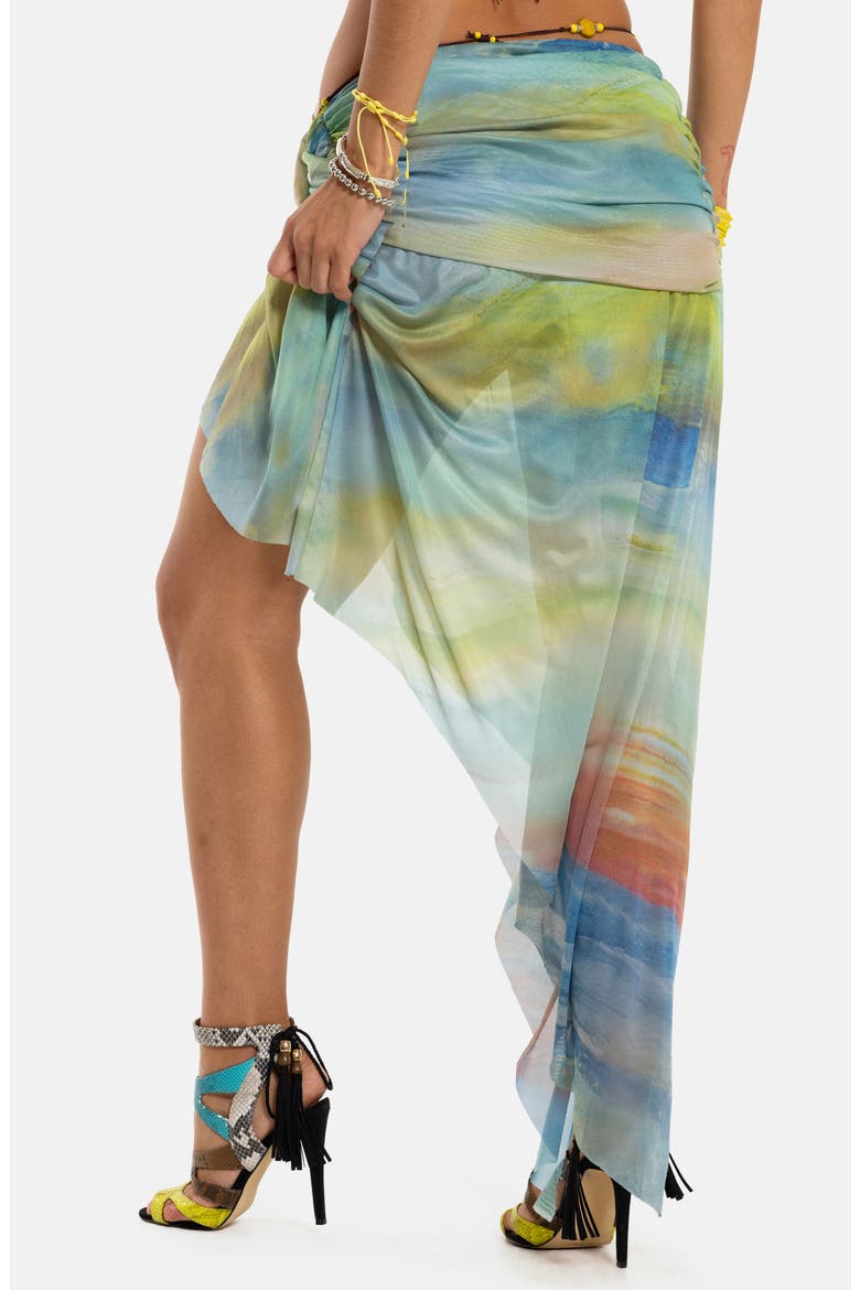 Beaded Belt Abstract Print Asymmetric Mesh Skirt, Alternate, color, MULTI