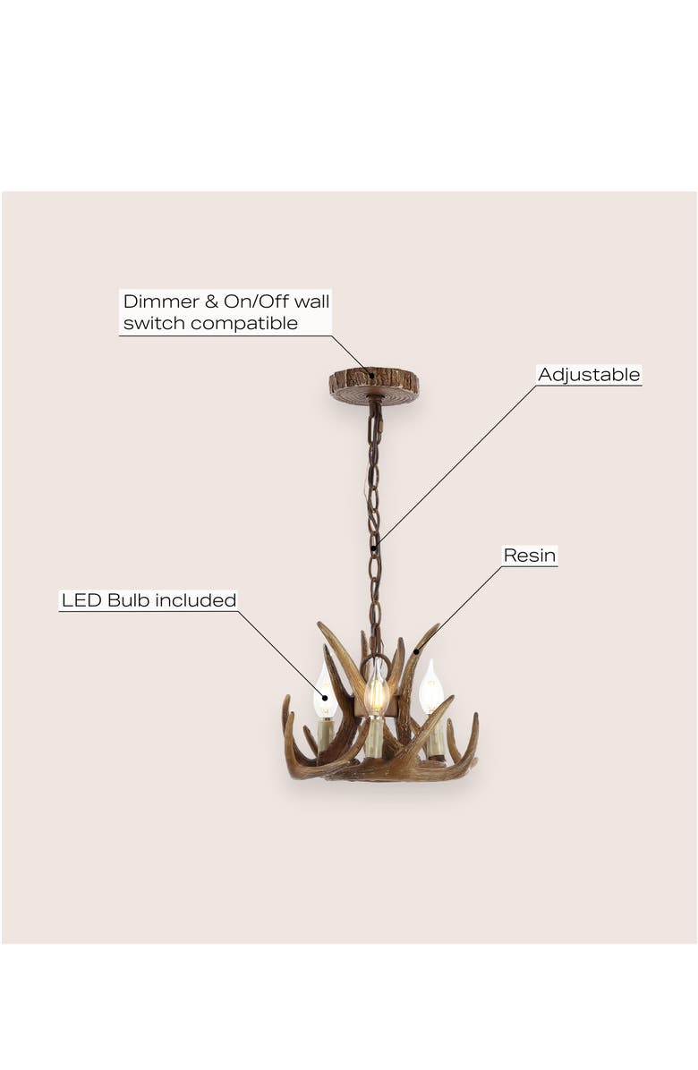 JONATHAN Y Nelle Adjustable Resin Antler 3-Light LED Chandelier, Alternate, color, Brown