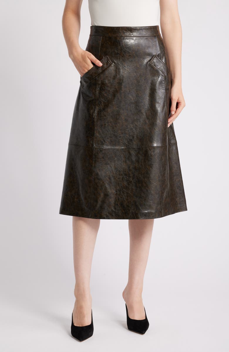 KOBI HALPERIN Rustic Faux Leather A-Line Skirt, Main, color, Dark Brown