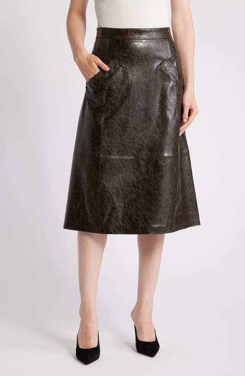 KOBI HALPERIN Rustic Faux Leather A-Line Skirt in Dark Brown 