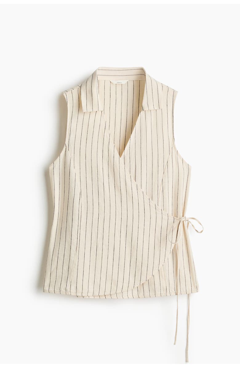 H&M Linen-blend Wrap Top, Main, color, Light Beige/Striped