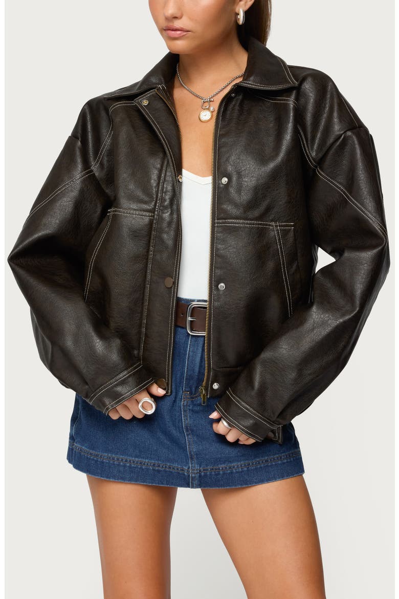Jaxson Oversize Faux Leather Jacket, Main, color, DARK-BROWN