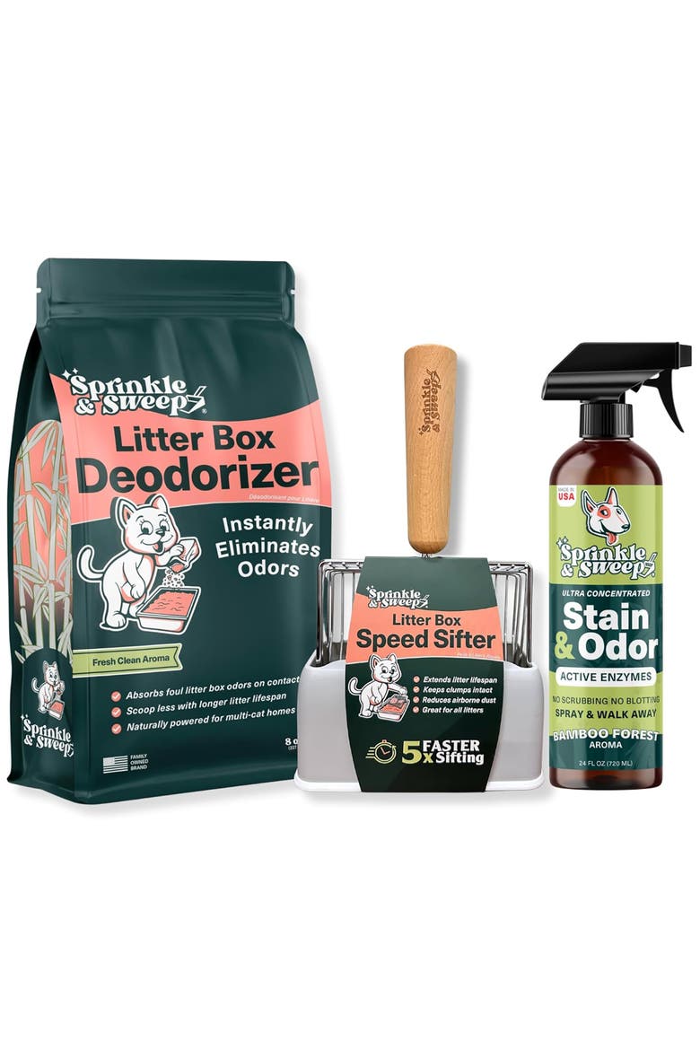Litter Box Deodorizer Bundle,  8 oz Bag, Speed Sifter, 24 oz Spray, Main, color, Green