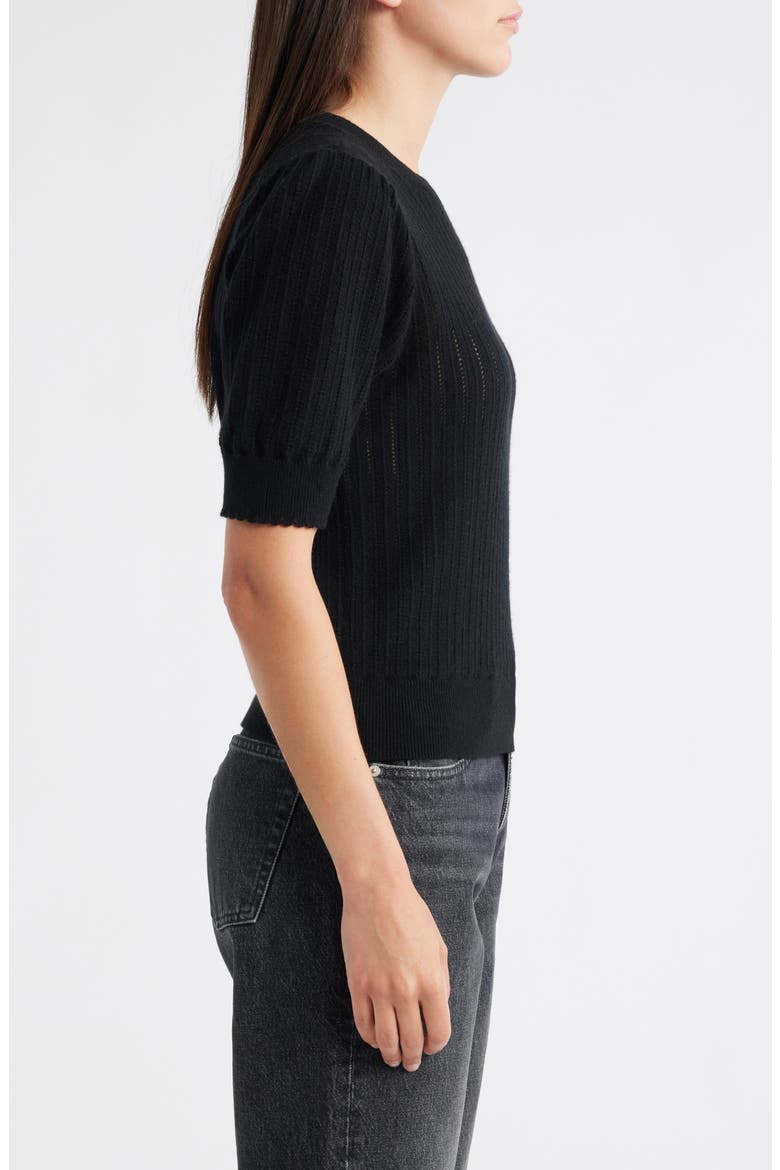 The Ladder Pointelle Short Sleeve Cashmere Sweater, Alternate, color, BLACK
