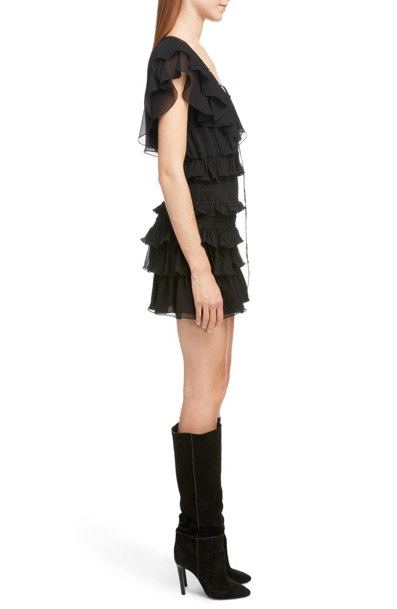 Saint Laurent Smocked Silk Ruffle Minidress, Alternate, color,