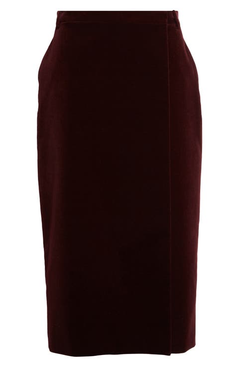 Velveteen Faux Wrap Midi Skirt
