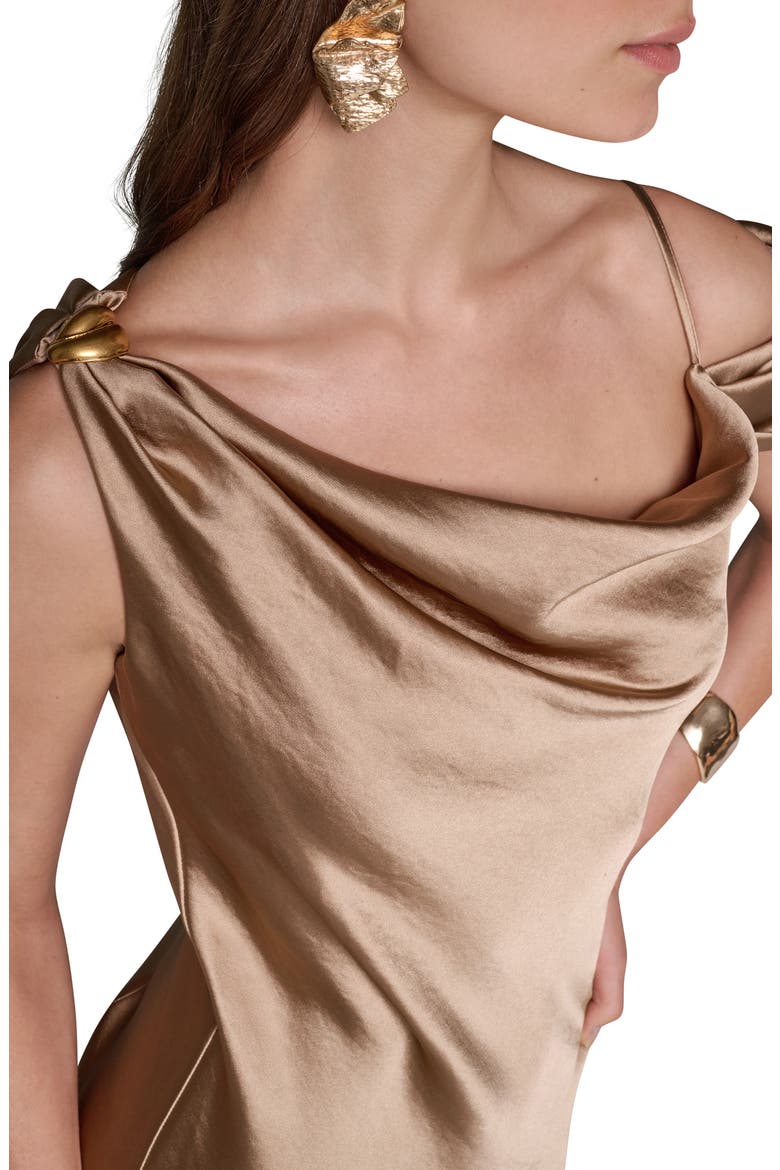 Asymmetric Shoulder Satin Gown, Alternate, color, CAMEL