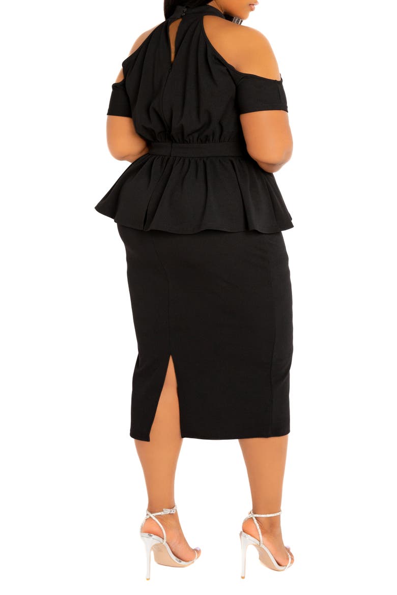 Cold Shoulder Peplum Midi Dress, Alternate, color, BLACK