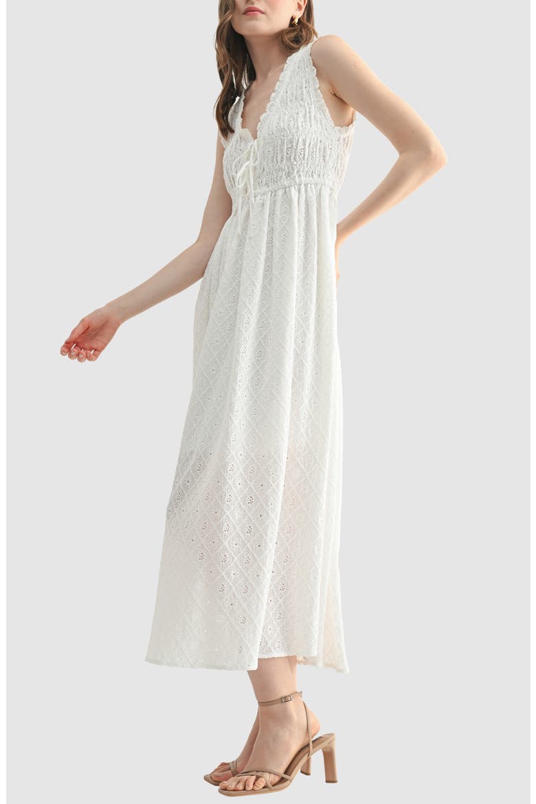 Tie Front Sleeveless Smocked Midi Dress, Alternate, color, WHITE