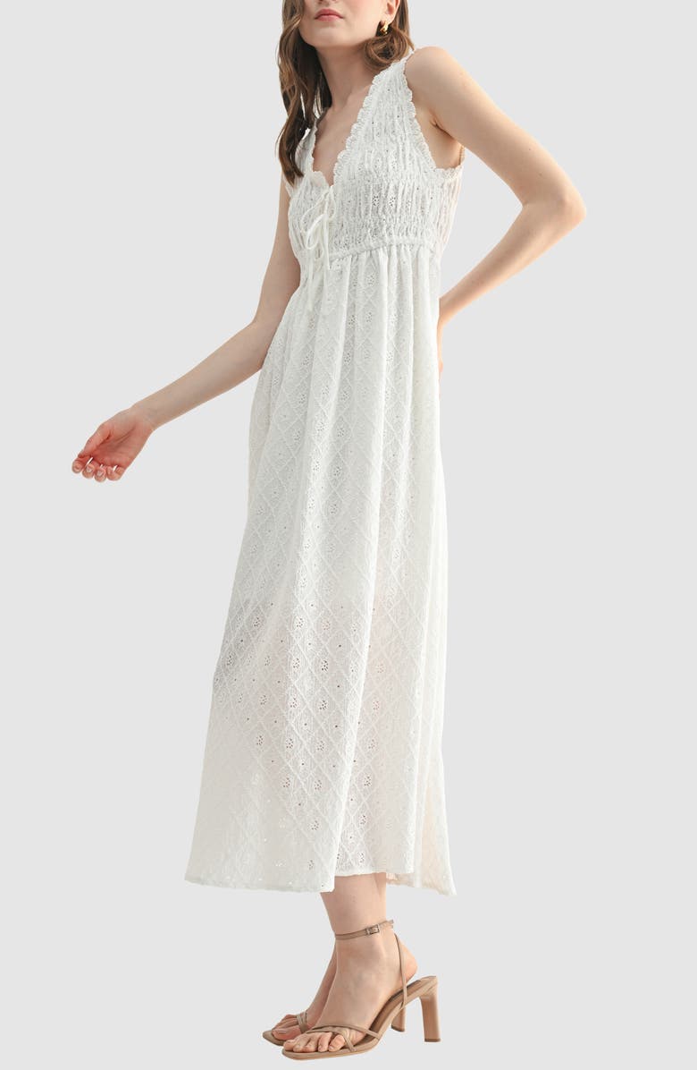 Lush Tie Front Sleeveless Smocked Midi Dress, Alternate, color, White