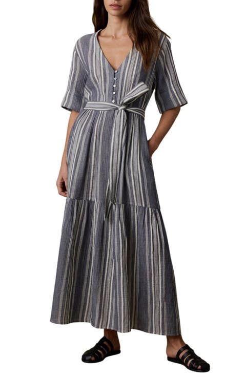 Dune Camille Stripe Belted Organic Cotton Gauze Dress