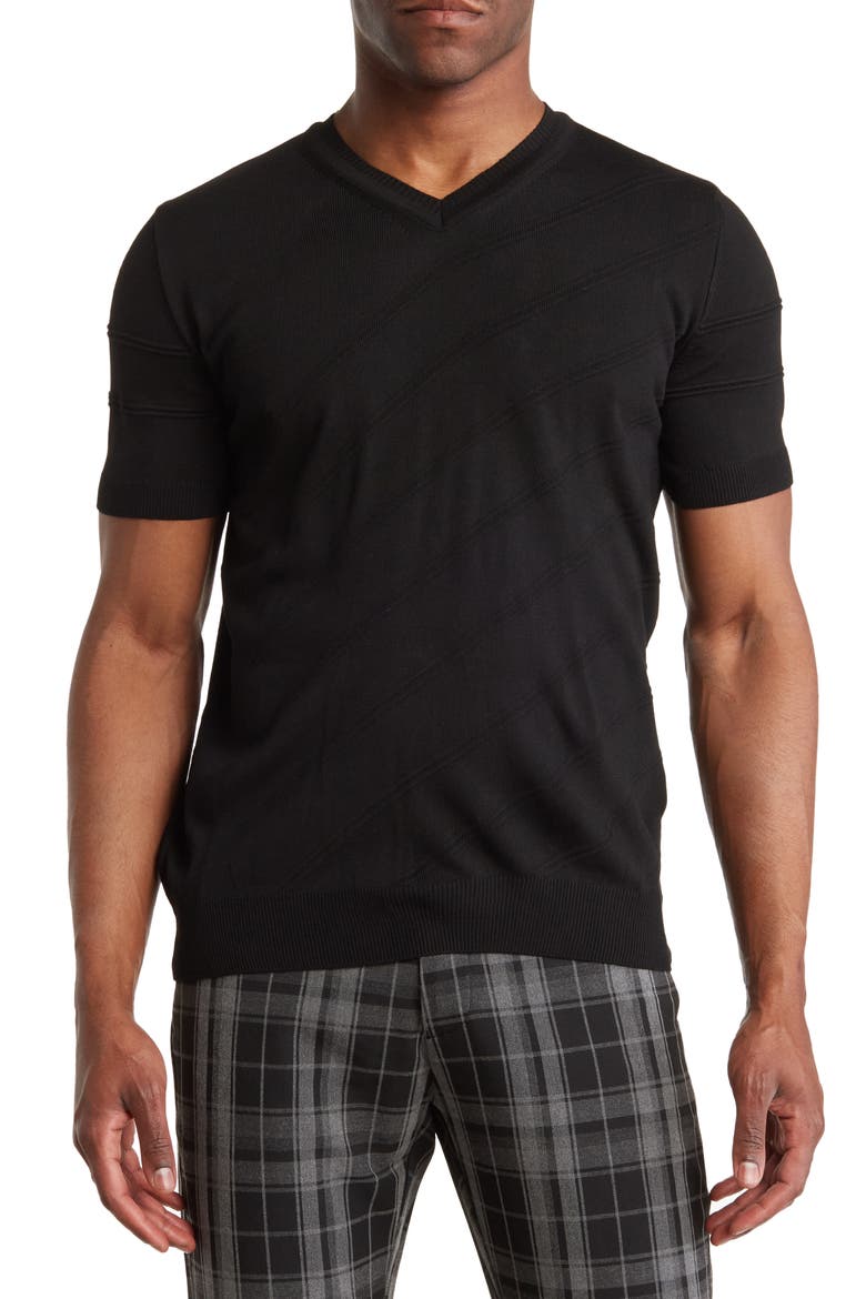 Short Sleeve Textured V-Neck T-Shirt, Main, color, BLACK