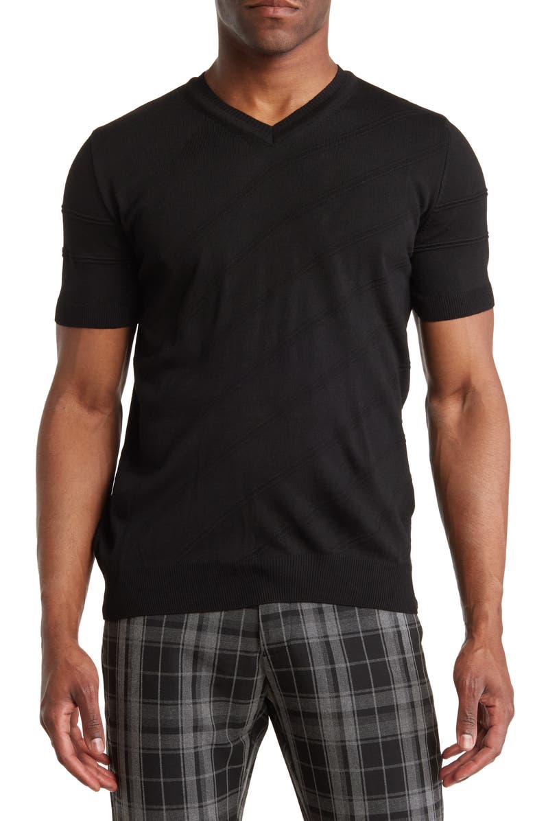 T.R. PREMIUM Short Sleeve Textured V-Neck T-Shirt, Main, color, Black