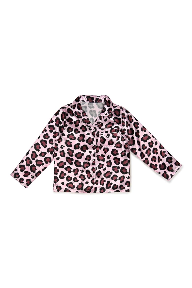 Kids' Leopard Satin Pajamas & Headband Set, Alternate, color, BROWN