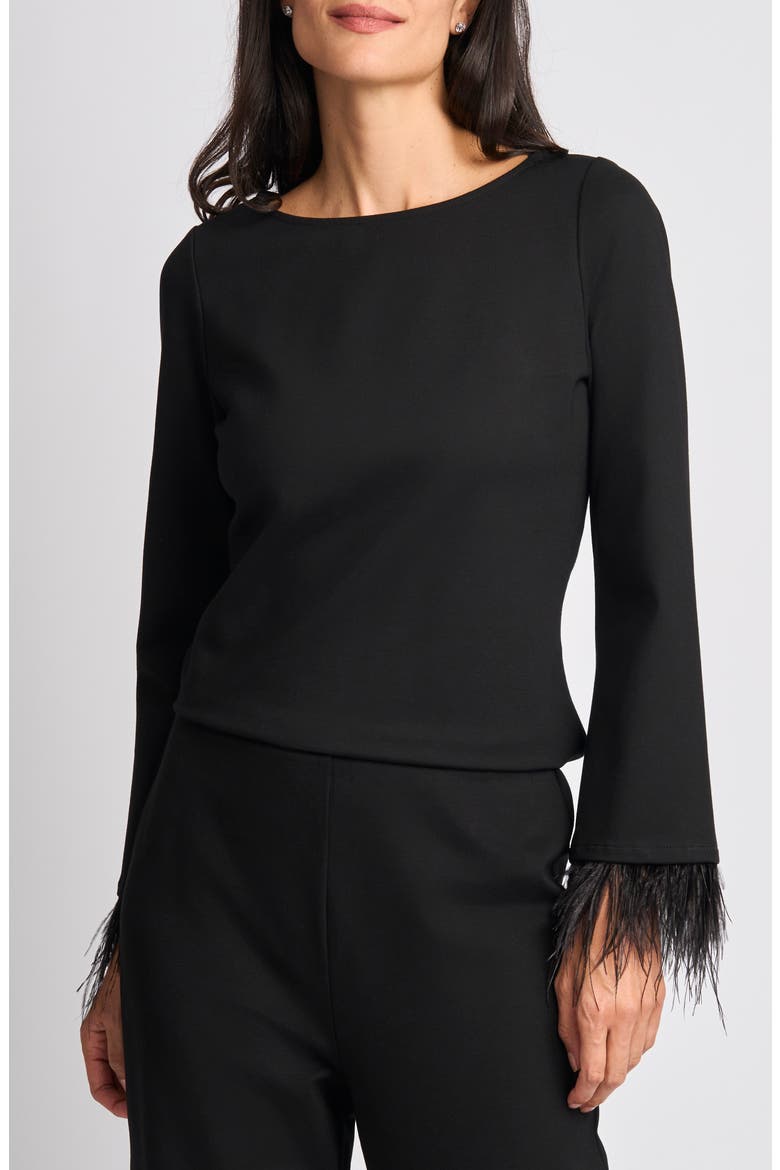 Feather Cuff Boatneck Top, Main, color, RICH BLACK 060