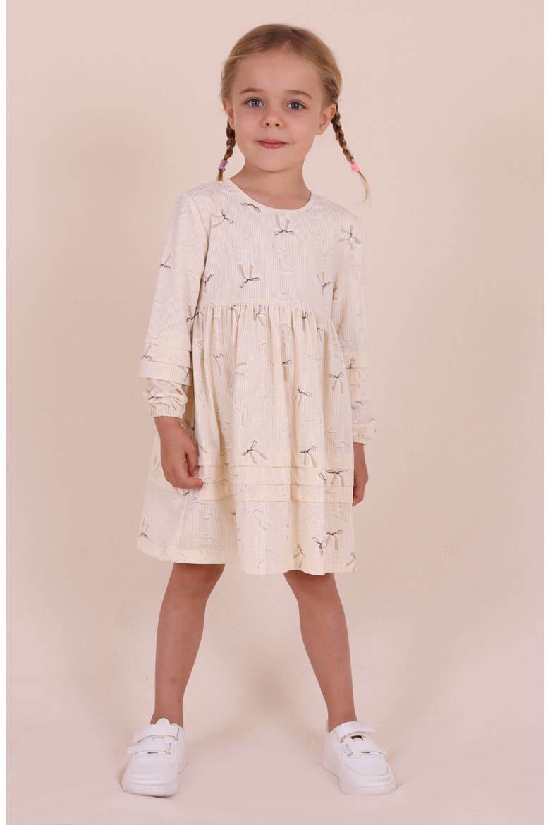 Kids' Bow Print Tiered Dress, Alternate, color, CREAM