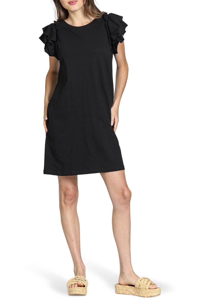 APNY Double Ruffle Sleeve Cotton Minidress, Main, color, Black
