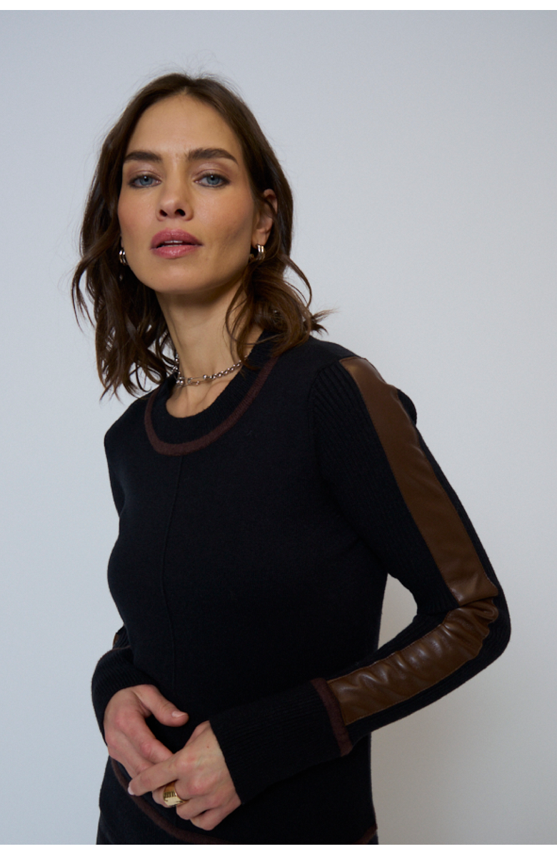 Central Park West Atlas Leather Accent Crew, Main, color, Black