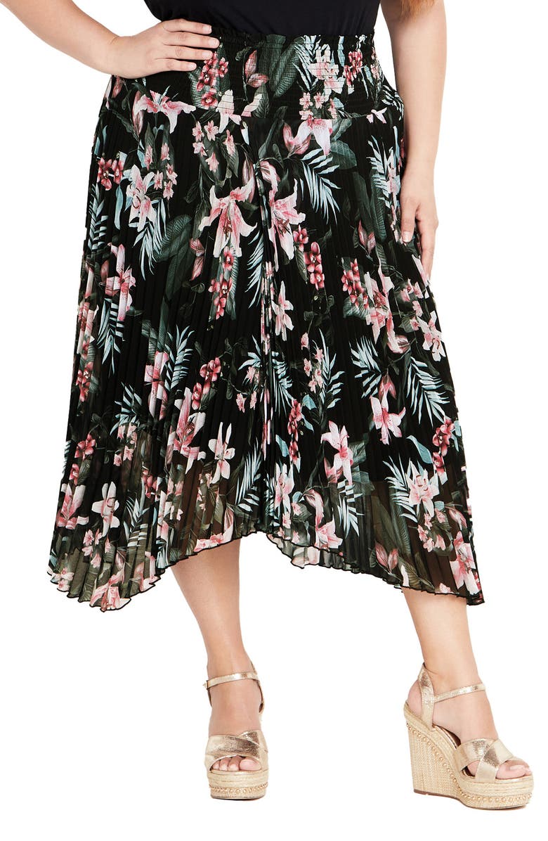 City Chic Natalie Print Pleat Handkerchief Hem Midi Skirt, Main, color, 