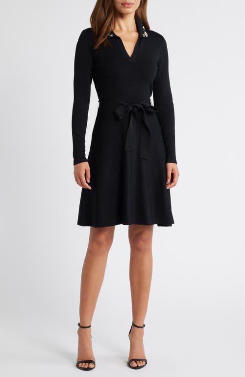 Eliza J Embellished Collar Long Sleeve Sweater Dress in Black 