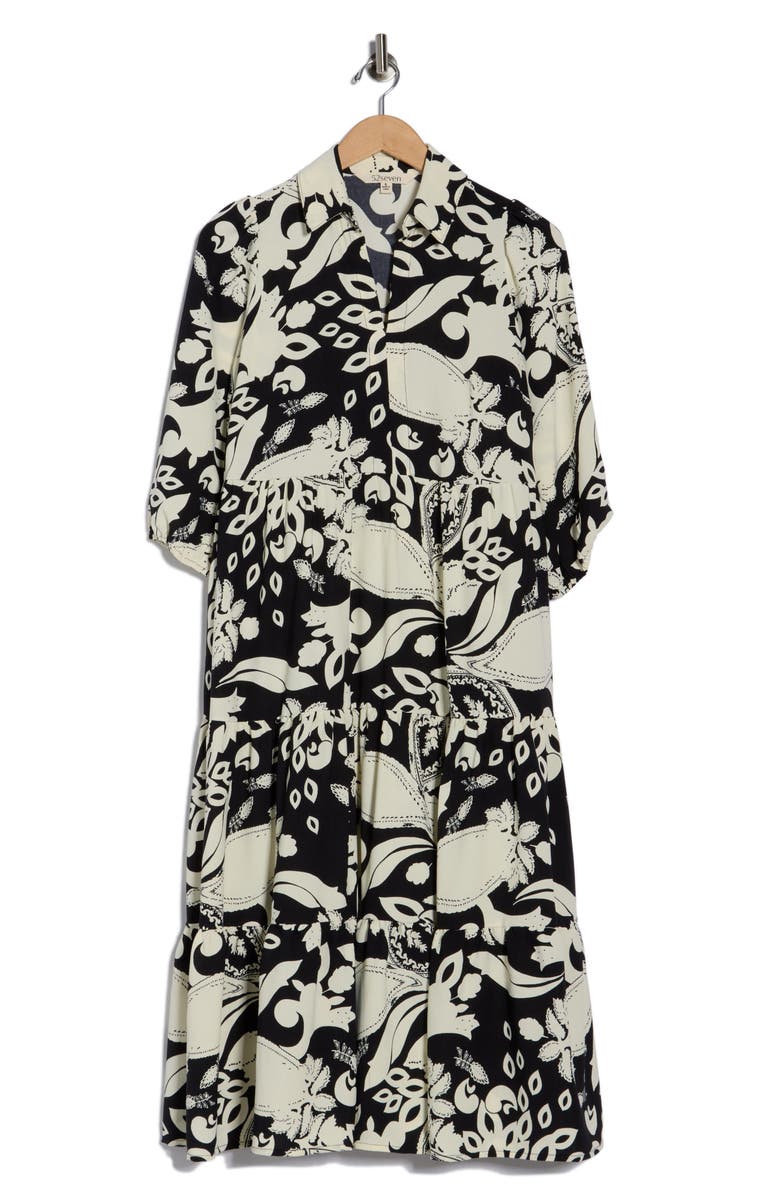 SANDRA DARREN Three-Quarter Sleeve Tiered Dress, Alternate, color, Black/ White