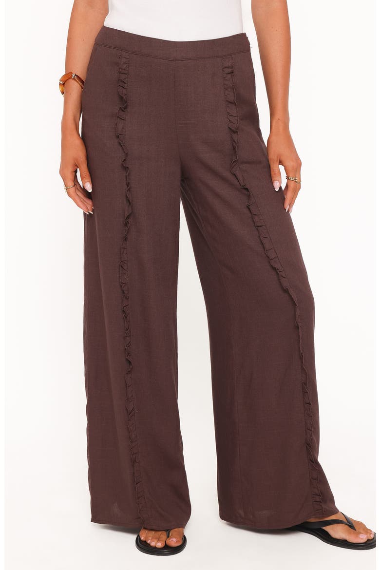 Samiya Frill High Waist Wide Leg Cotton & Linen Pants, Main, color, DARK BROWN
