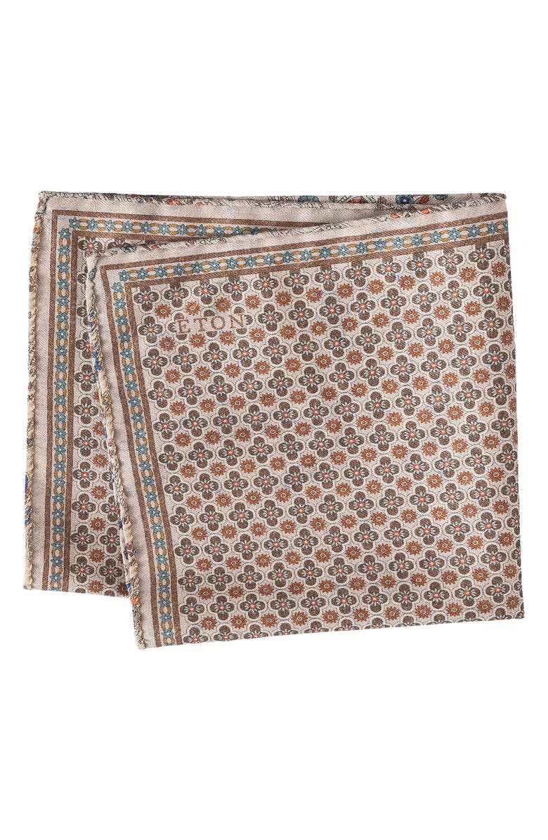 Eton Beige Quatrefoil & Paisley Reversible Wool Pocket Square, Main, color, Light Beige