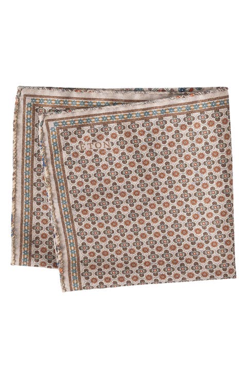 Beige Quatrefoil & Paisley Reversible Wool Pocket Square