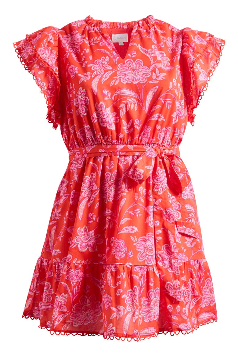 Aria Floral Print Ruffle Minidress, Main, color, RED-PINK