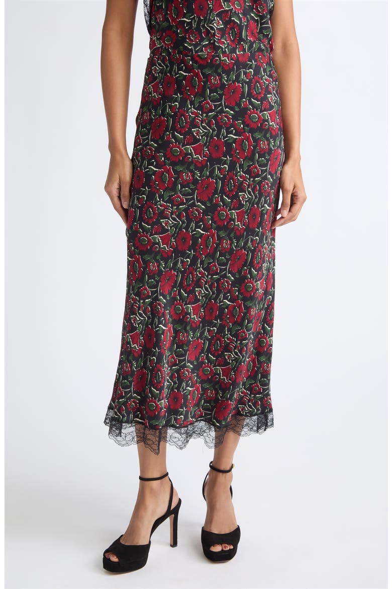 Clover Lace Trim Silk Blend Midi Skirt, Main, color, CARDINAL RED MULTI