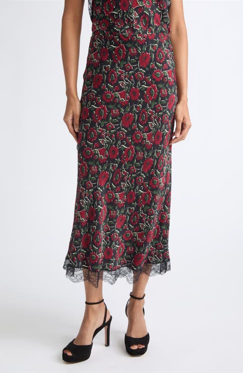 Clover Lace Trim Silk Blend Midi Skirt