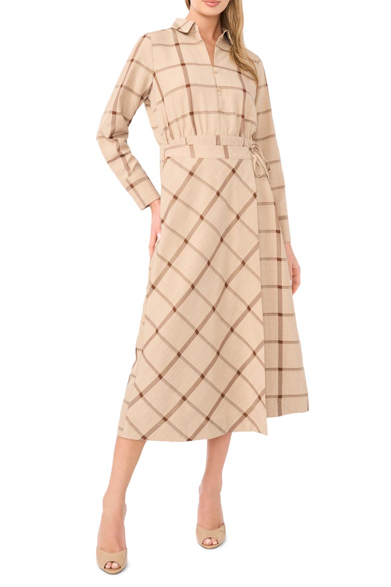Windowpane Plaid Long Sleeve Wrap Skirt Shirtdress, Main, color, FALL CAMEL
