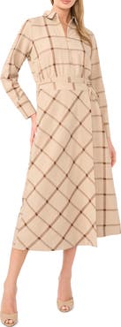 Vince Camuto Windowpane Plaid Long Sleeve Wrap Skirt Shirtdress