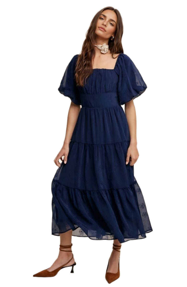Knit and Lounge Puff Sleeve Tiered Ruffle Lace Maxi Dress, Alternate, color, Navy