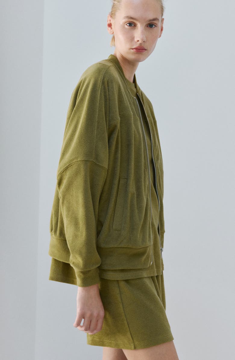 MANGO Cotton Blend Terry Bomber Jacket, Alternate, color, Khaki Green