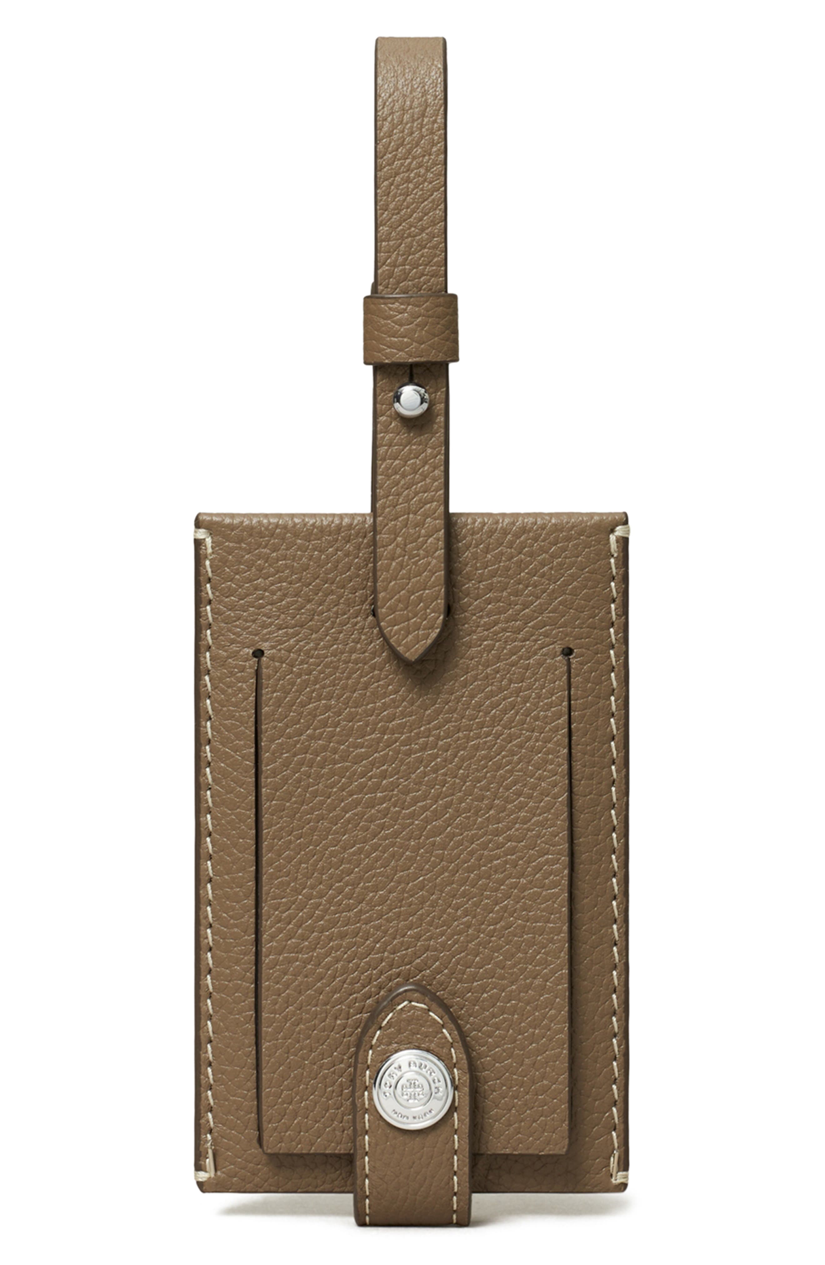 Tory Burch Leather Luggage Tag, Main, color, Wild Mushroom