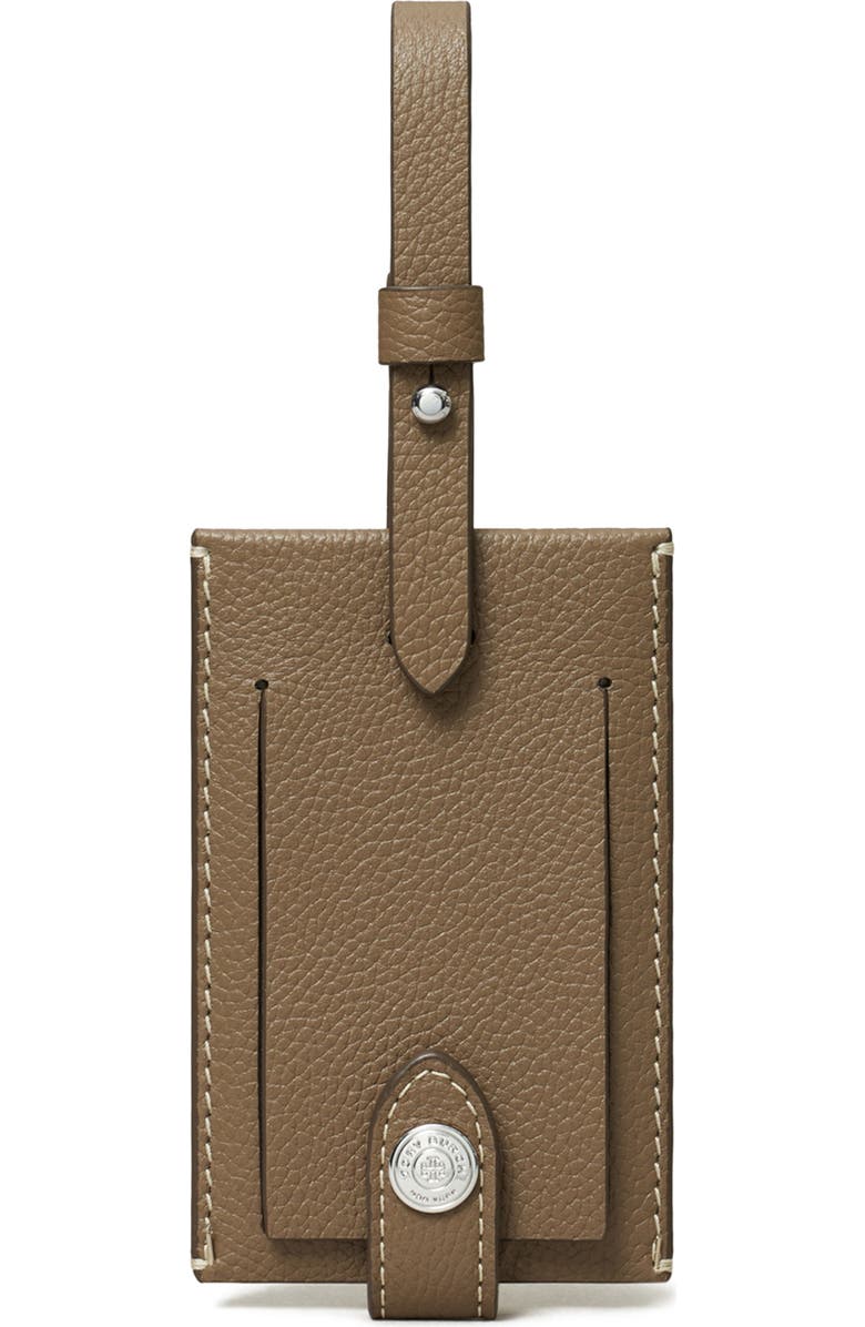 Tory Burch Leather Luggage Tag, Main, color, Wild Mushroom