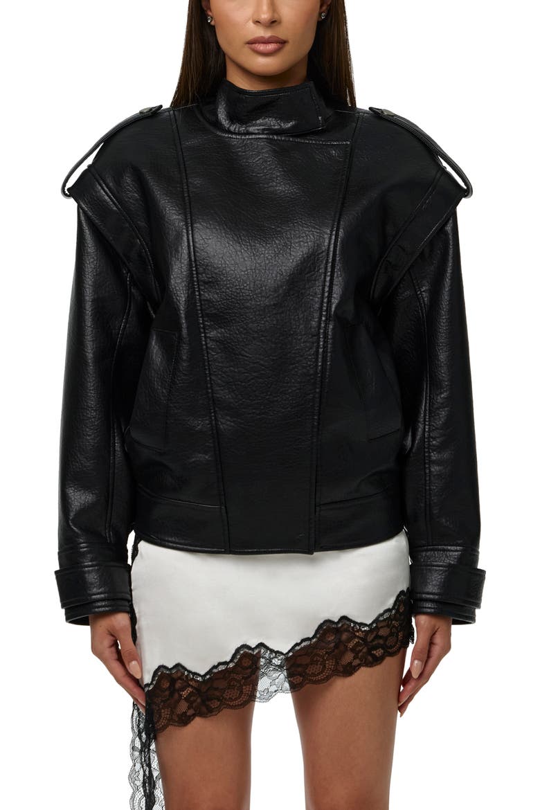 Faux Leather Bomber Jacket, Main, color, BLACK