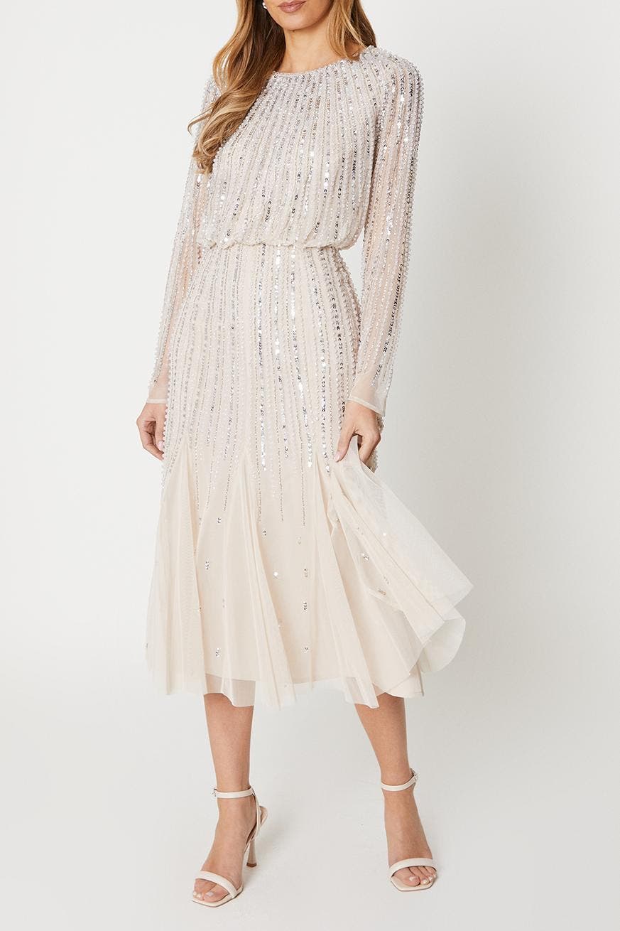 sequin midi dress with sleeves Ever-Pretty 3/4 Sleeve A-Line Round Neck for Fall Formal Wedding Guest Dress The contrast satin placket and waist tie create a flattering silhouette Long Sleeve Sequin Ruffle Midi