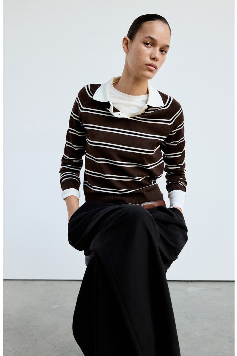 Striped Polo Collar Sweater, Alternate, color, CHOCOLATE