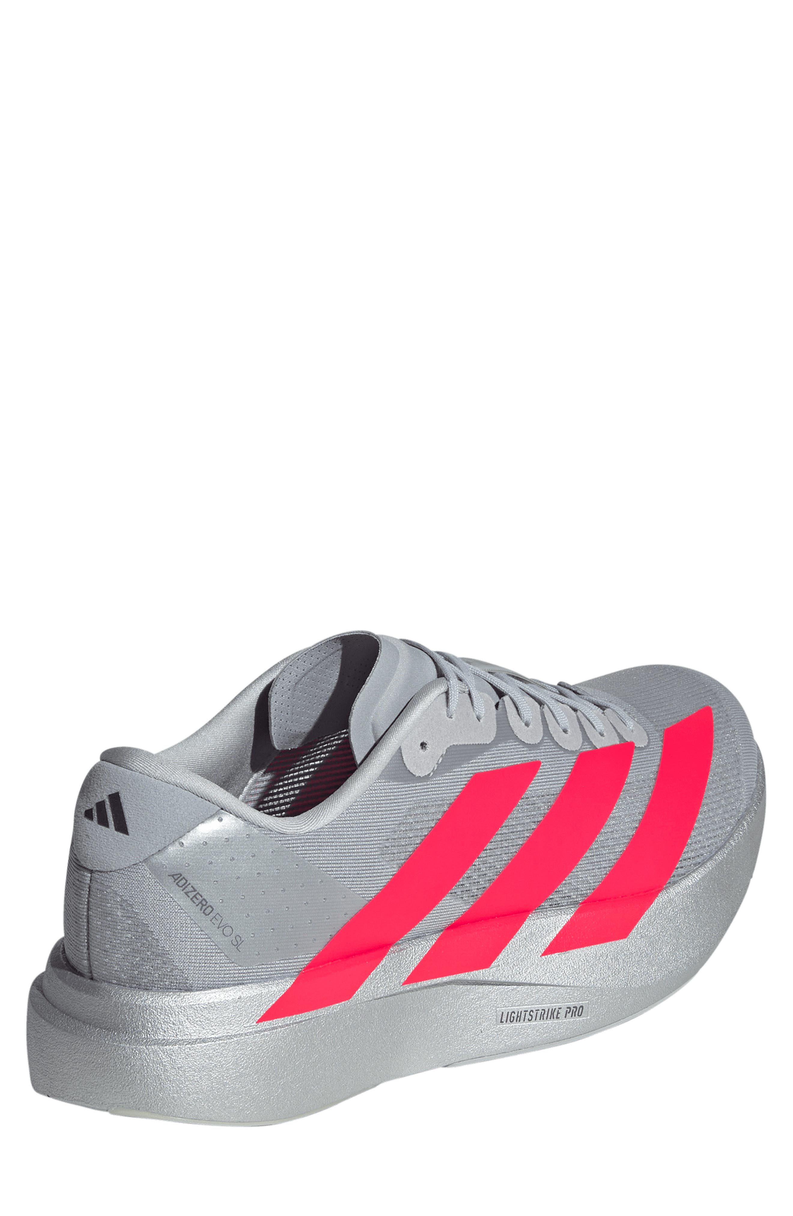 Adizero Evo SL Running Shoe, Alternate, color, SILVER METALLIC / RED / IRON
