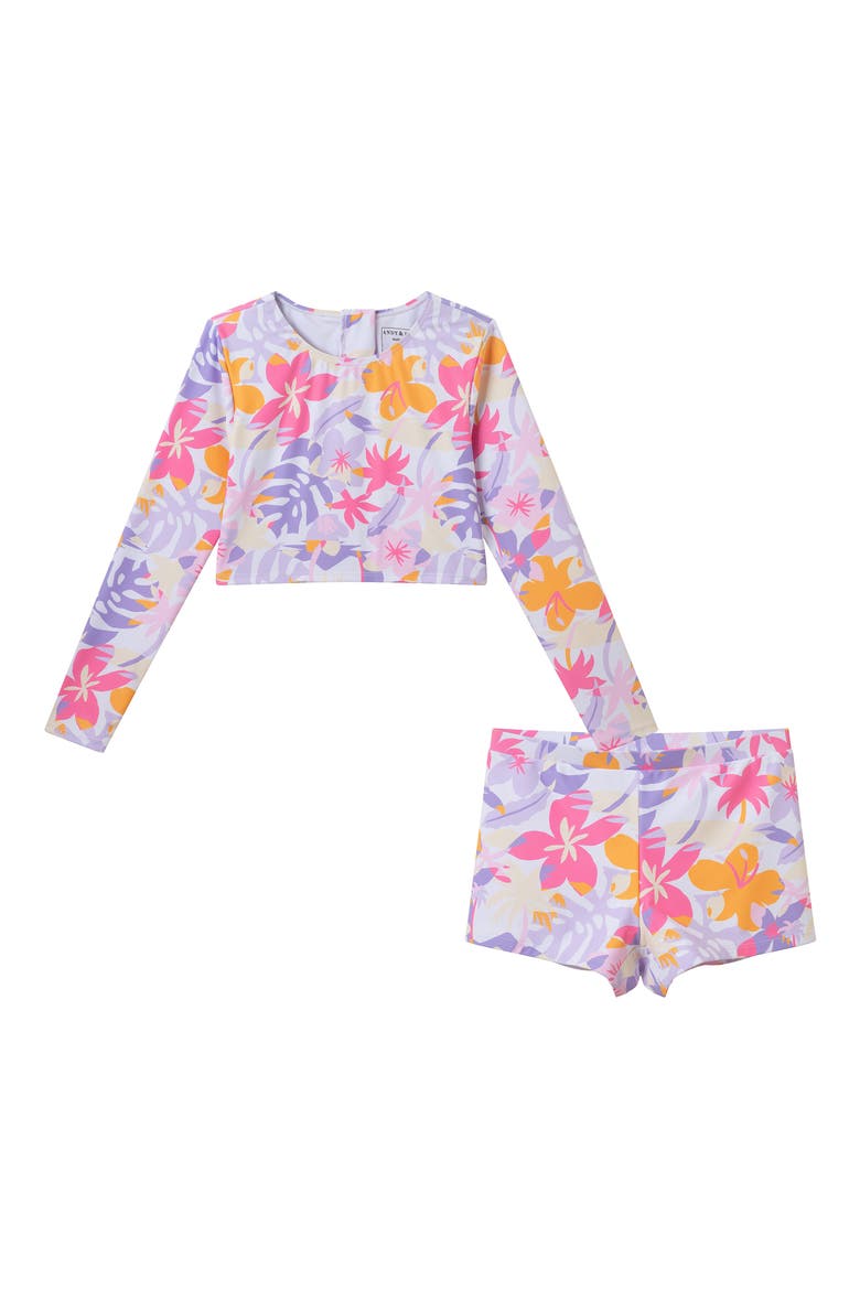 Kids' Palm Print Long Sleeve Crop Rashguard Two-Piece Swimsuit, Main, color, WHITE PALM