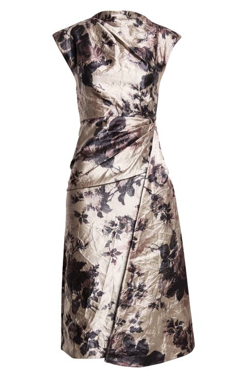 Floral Draped Textured Satin Midi Dress