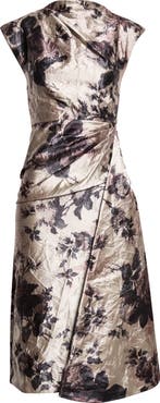 Erdem Floral Draped Textured Satin Midi Dress