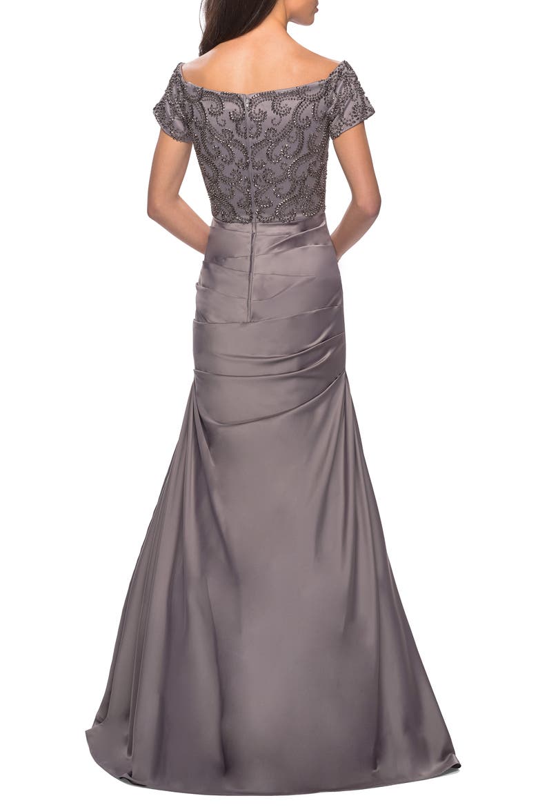 Off the Shoulder Beaded Satin Trumpet Gown, Alternate, color, SILVER