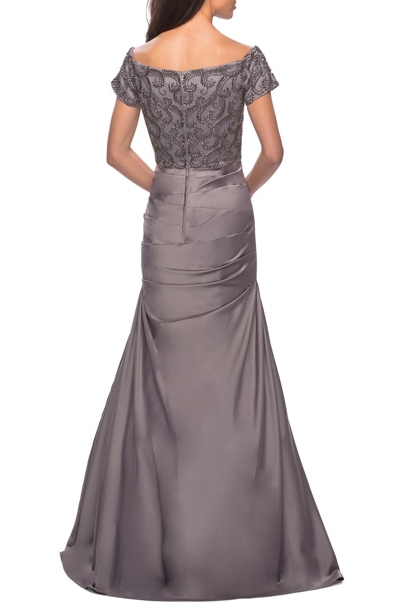 La Femme Off the Shoulder Beaded Satin Trumpet Gown, Alternate, color,