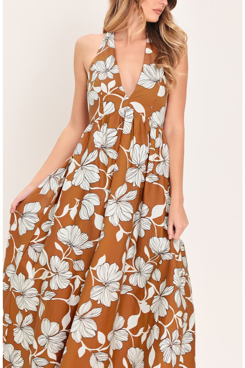 Floral Print Halter Midi Dress, Alternate, color, CAMEL