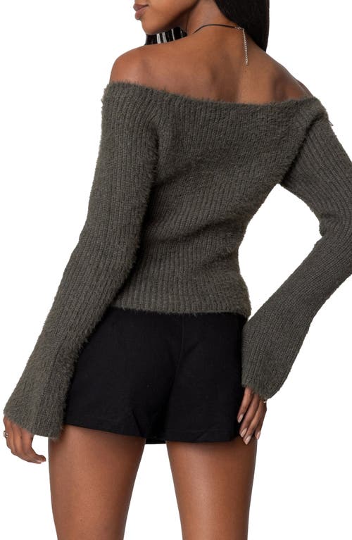 Edikted Off The Shoulder Long Sleeve Knit Shirt In Gray