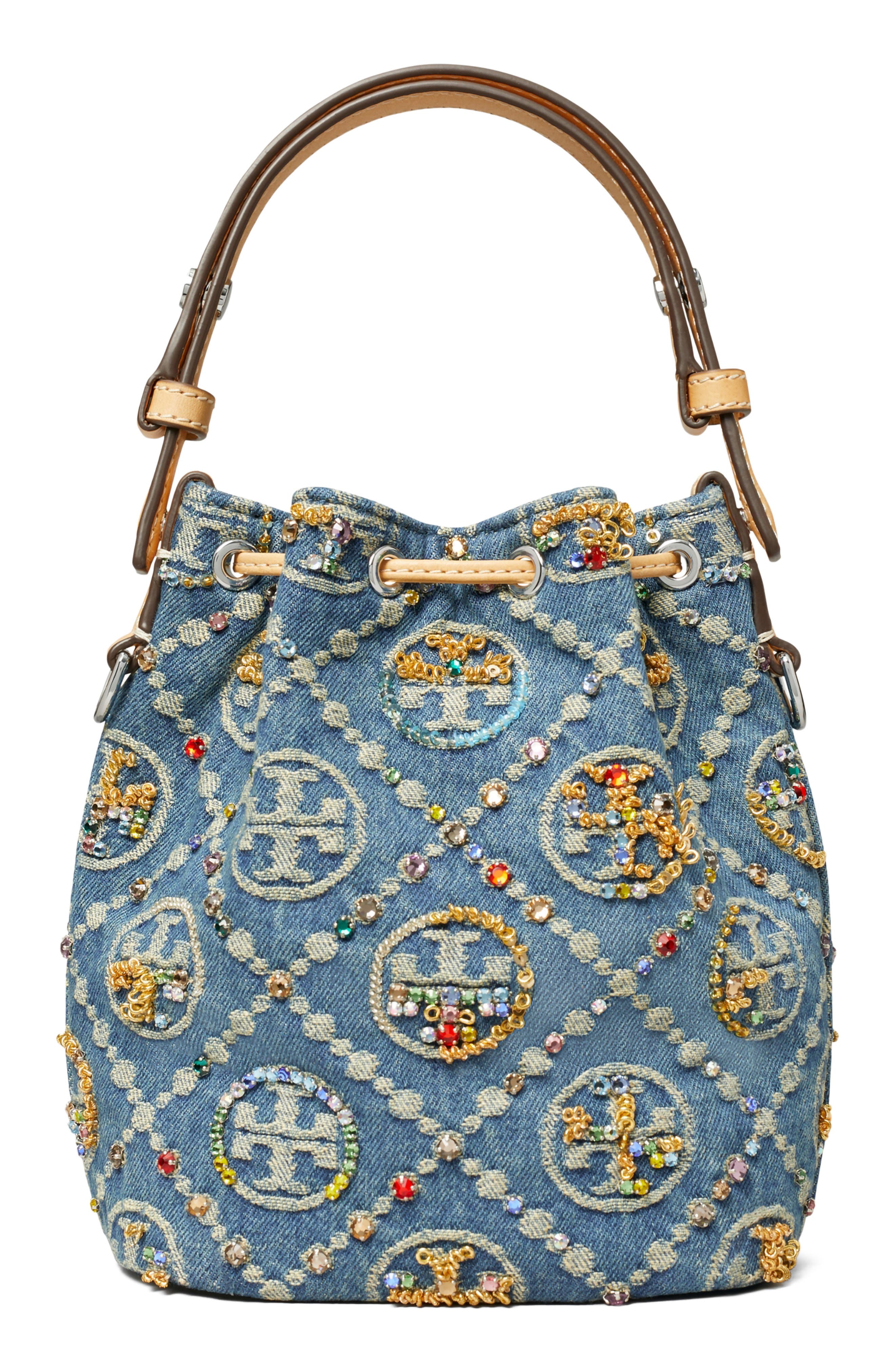 Tory Burch T Monogram Embellished Denim Bucket Bag, Alternate, color, 